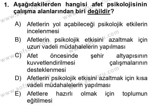 Afet Psikolojisi ve Sosyolojisi Dersi 2021 - 2022 Yılı (Vize) Ara Sınavı 1. Soru