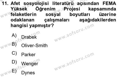 Afet Psikolojisi ve Sosyolojisi Dersi 2021 - 2022 Yılı (Vize) Ara Sınavı 11. Soru