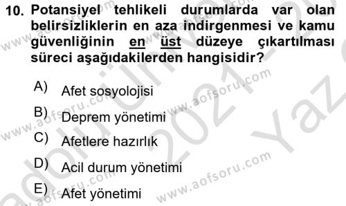 Afet Psikolojisi ve Sosyolojisi Dersi 2021 - 2022 Yılı Yaz Okulu Sınavı 10. Soru