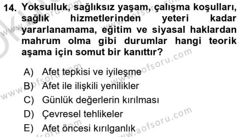 Afet Psikolojisi ve Sosyolojisi Dersi 2021 - 2022 Yılı Yaz Okulu Sınavı 14. Soru