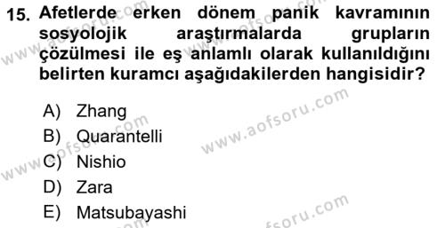 Afet Psikolojisi ve Sosyolojisi Dersi 2021 - 2022 Yılı Yaz Okulu Sınavı 15. Soru