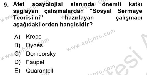 Afet Psikolojisi ve Sosyolojisi Dersi 2021 - 2022 Yılı Yaz Okulu Sınavı 9. Soru