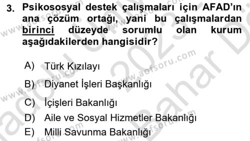 Afet Psikolojisi ve Sosyolojisi Dersi 2023 - 2024 Yılı (Vize) Ara Sınavı 3. Soru