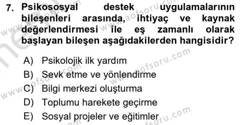 Afet Psikolojisi ve Sosyolojisi Dersi 2023 - 2024 Yılı (Vize) Ara Sınavı 7. Soru