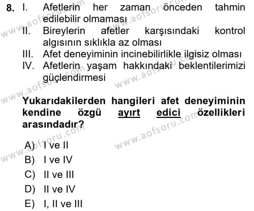 Afet Psikolojisi ve Sosyolojisi Dersi 2023 - 2024 Yılı (Vize) Ara Sınavı 8. Soru