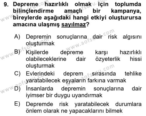 Afet Psikolojisi ve Sosyolojisi Dersi 2023 - 2024 Yılı (Vize) Ara Sınavı 9. Soru