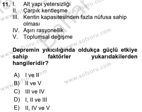 Afet Psikolojisi ve Sosyolojisi Dersi 2023 - 2024 Yılı (Final) Dönem Sonu Sınavı 11. Soru