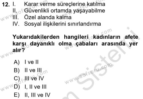 Afet Psikolojisi ve Sosyolojisi Dersi 2023 - 2024 Yılı (Final) Dönem Sonu Sınavı 12. Soru