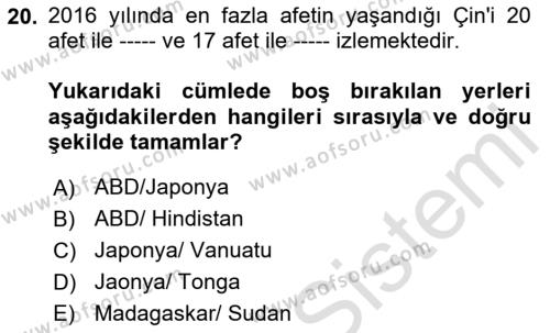 Afet Psikolojisi ve Sosyolojisi Dersi 2023 - 2024 Yılı (Final) Dönem Sonu Sınavı 20. Soru