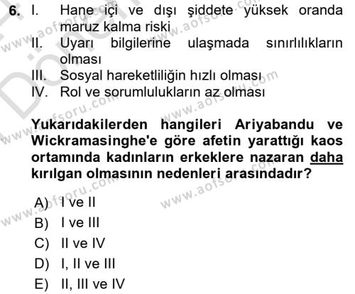 Afet Psikolojisi ve Sosyolojisi Dersi 2023 - 2024 Yılı (Final) Dönem Sonu Sınavı 6. Soru