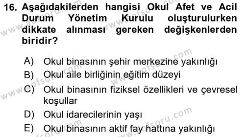 Acil Durum Ve Afet Yönetimi Planları Dersi 2022 - 2023 Yılı (Final) Dönem Sonu Sınavı 16. Soru