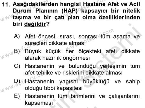 Acil Durum Ve Afet Yönetimi Planları Dersi 2022 - 2023 Yılı Yaz Okulu Sınavı 11. Soru