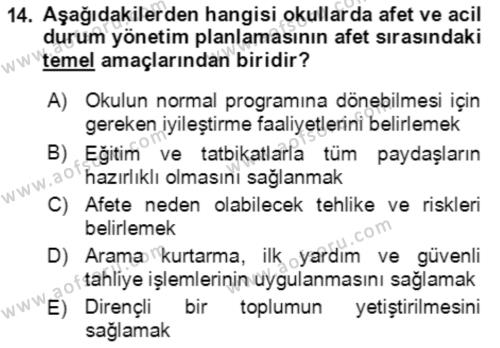 Acil Durum Ve Afet Yönetimi Planları Dersi 2023 - 2024 Yılı (Final) Dönem Sonu Sınavı 14. Soru