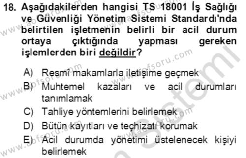 Acil Durum Ve Afet Yönetimi Planları Dersi 2023 - 2024 Yılı (Final) Dönem Sonu Sınavı 18. Soru