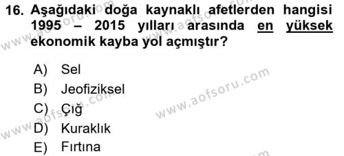 Afet Risk Azaltma Politikaları Dersi 2022 - 2023 Yılı (Final) Dönem Sonu Sınavı 16. Soru