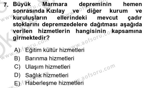 Afet Risk Azaltma Politikaları Dersi 2022 - 2023 Yılı Yaz Okulu Sınavı 7. Soru