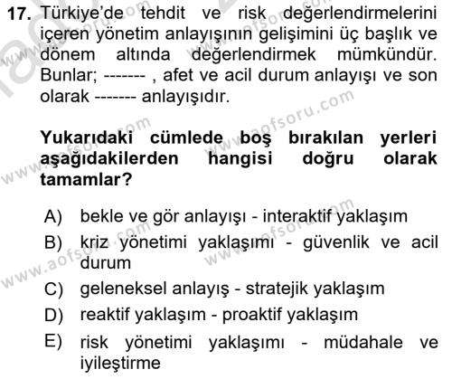 Afet Risk Azaltma Politikaları Dersi 2023 - 2024 Yılı (Vize) Ara Sınavı 17. Soru