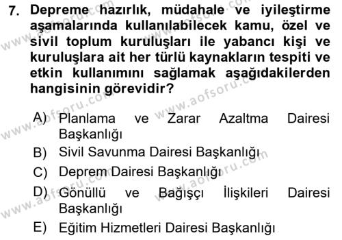 Afet Risk Azaltma Politikaları Dersi 2023 - 2024 Yılı (Vize) Ara Sınavı 7. Soru