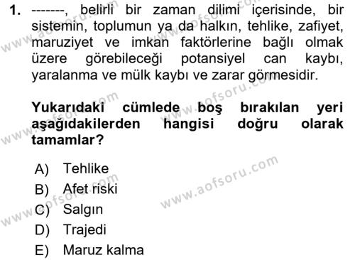 Afet Risk Azaltma Politikaları Dersi 2024 - 2025 Yılı (Vize) Ara Sınavı 1. Soru