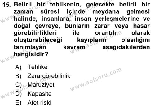 Afet Risk Azaltma Politikaları Dersi 2024 - 2025 Yılı (Vize) Ara Sınavı 15. Soru