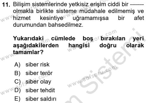 Acil Durum ve Afetlerde Ulaştırma Yönetimi ve Uygulamaları Dersi 2020 - 2021 Yılı Yaz Okulu Sınavı 11. Soru