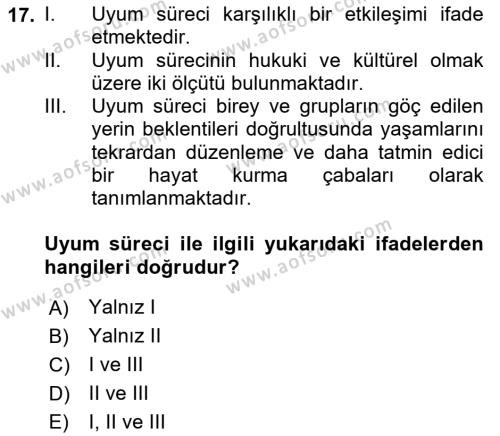 Göç Ve Göç Sorunları Dersi 2018 - 2019 Yılı 3 Ders Sınavı 17. Soru