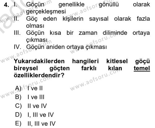 Göç Ve Göç Sorunları Dersi 2018 - 2019 Yılı 3 Ders Sınavı 4. Soru