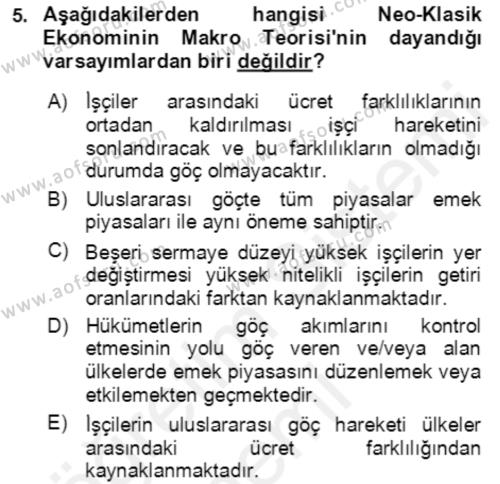 Göç Ve Göç Sorunları Dersi 2018 - 2019 Yılı (Vize) Ara Sınavı 5. Soru