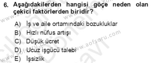 Göç Ve Göç Sorunları Dersi 2018 - 2019 Yılı (Final) Dönem Sonu Sınavı 6. Soru