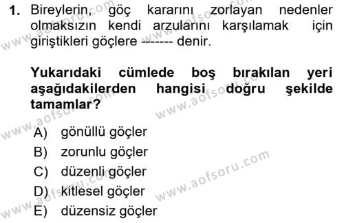 Göç Ve Göç Sorunları Dersi 2018 - 2019 Yılı Yaz Okulu Sınavı 1. Soru