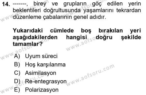 Göç Ve Göç Sorunları Dersi 2021 - 2022 Yılı Yaz Okulu Sınavı 14. Soru