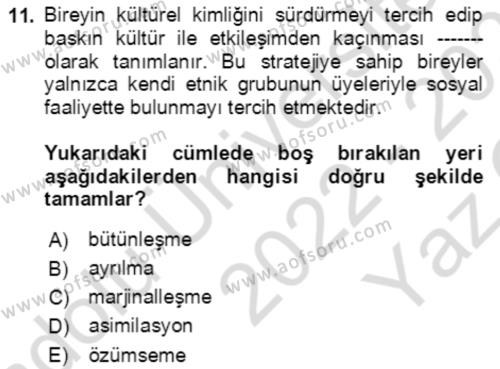 Göç Ve Göç Sorunları Dersi 2022 - 2023 Yılı Yaz Okulu Sınavı 11. Soru