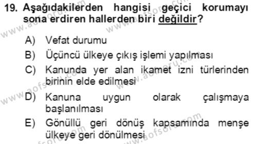 Göç Ve Göç Sorunları Dersi 2022 - 2023 Yılı Yaz Okulu Sınavı 19. Soru