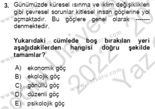 Göç Ve Göç Sorunları Dersi 2022 - 2023 Yılı Yaz Okulu Sınavı 3. Soru