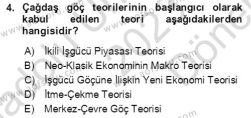 Göç Ve Göç Sorunları Dersi 2023 - 2024 Yılı (Final) Dönem Sonu Sınavı 4. Soru