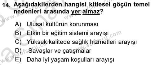 Göç Ve Göç Sorunları Dersi 2024 - 2025 Yılı (Vize) Ara Sınavı 14. Soru