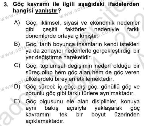 Göç Ve Göç Sorunları Dersi 2024 - 2025 Yılı (Vize) Ara Sınavı 3. Soru