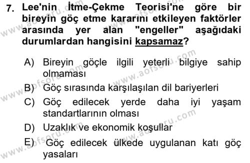 Göç Ve Göç Sorunları Dersi 2024 - 2025 Yılı (Vize) Ara Sınavı 7. Soru