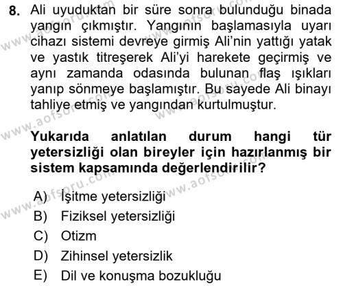 Özel Gereksinimli Bireyler İçin Afet ve Acil Durum Yönetimi Dersi 2018 - 2019 Yılı 3 Ders Sınavı 8. Soru