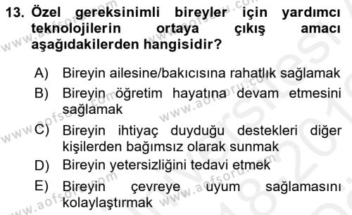 Özel Gereksinimli Bireyler İçin Afet ve Acil Durum Yönetimi Dersi 2018 - 2019 Yılı (Vize) Ara Sınavı 13. Soru