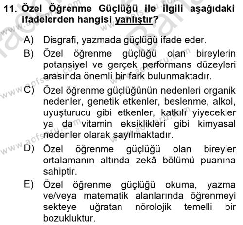 Özel Gereksinimli Bireyler İçin Afet ve Acil Durum Yönetimi Dersi 2023 - 2024 Yılı (Vize) Ara Sınavı 11. Soru