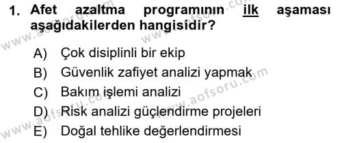 Afet Yönetiminde Sağlık Hizmetleri Dersi 2022 - 2023 Yılı (Vize) Ara Sınavı 1. Soru