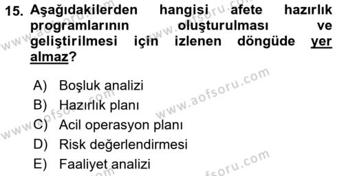 Afet Yönetiminde Sağlık Hizmetleri Dersi 2022 - 2023 Yılı (Vize) Ara Sınavı 15. Soru