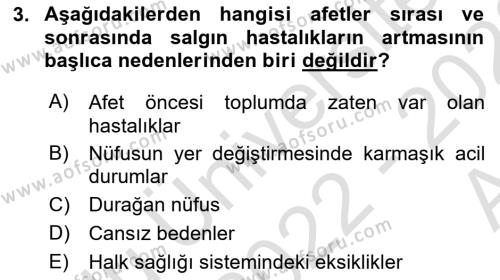 Afet Yönetiminde Sağlık Hizmetleri Dersi 2022 - 2023 Yılı (Vize) Ara Sınavı 3. Soru