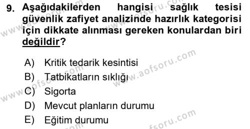 Afet Yönetiminde Sağlık Hizmetleri Dersi 2022 - 2023 Yılı Yaz Okulu Sınavı 9. Soru