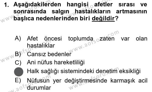 Afet Yönetiminde Sağlık Hizmetleri Dersi 2023 - 2024 Yılı (Vize) Ara Sınavı 1. Soru