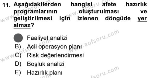 Afet Yönetiminde Sağlık Hizmetleri Dersi 2023 - 2024 Yılı (Vize) Ara Sınavı 11. Soru