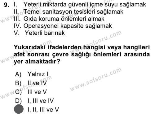 Afet Yönetiminde Sağlık Hizmetleri Dersi 2023 - 2024 Yılı (Vize) Ara Sınavı 9. Soru