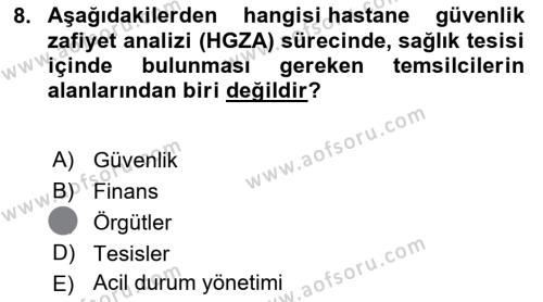 Afet Yönetiminde Sağlık Hizmetleri Dersi 2023 - 2024 Yılı (Final) Dönem Sonu Sınavı 8. Soru