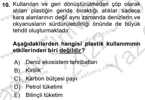 Sürdürülebilir Kentsel Dayanıklılık Dersi 2022 - 2023 Yılı Yaz Okulu Sınavı 10. Soru